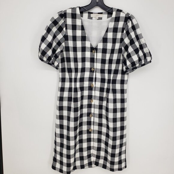 LOFT Gingham Plaid Button Down Dress 6 Short Puff Sleeves Linen Black White - Picture 3 of 11